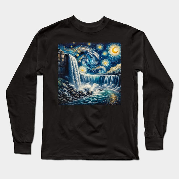 Niagara Falls Starry Night - Beautiful Iconic Places Long Sleeve T-Shirt by Edd Paint Something